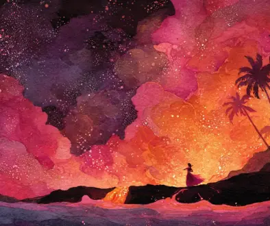 ハワイ神話の火山の女神ペレをイメージしたフラと火山の風景