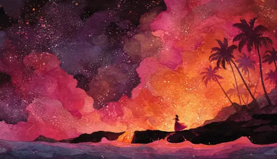 ハワイ神話の火山の女神ペレをイメージしたフラと火山の風景