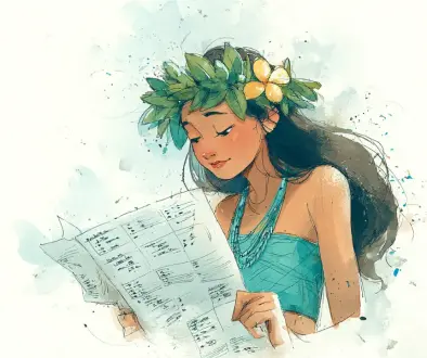 ハワイ語の長母音とʻokinaの発音を意識しながらメレを学んでいるフラダンサーの様子