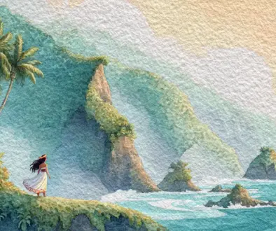 ハワイ神話ヒイアカの旅をイメージした自然とフラの風景