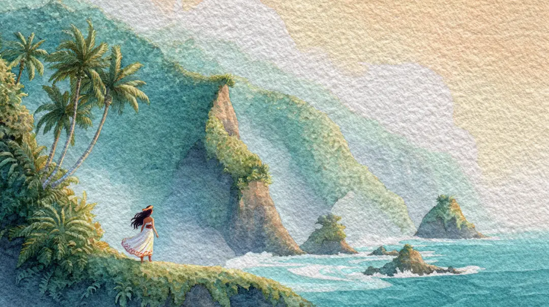 ハワイ神話ヒイアカの旅をイメージした自然とフラの風景