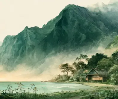 ハワイ語の復活と文化の継承をイメージしたハワイの海と緑豊かな山々の水彩イラスト