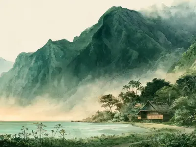 ハワイ語の復活と文化の継承をイメージしたハワイの海と緑豊かな山々の水彩イラスト