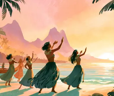 ポリネシアの海辺で伝統舞踊を踊る人々とハワイ・タヒチの文化をイメージした風景