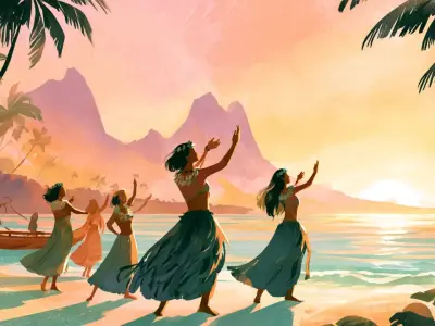 ポリネシアの海辺で伝統舞踊を踊る人々とハワイ・タヒチの文化をイメージした風景