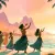 ポリネシアの海辺で伝統舞踊を踊る人々とハワイ・タヒチの文化をイメージした風景