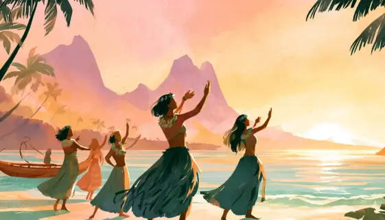 ポリネシアの海辺で伝統舞踊を踊る人々とハワイ・タヒチの文化をイメージした風景